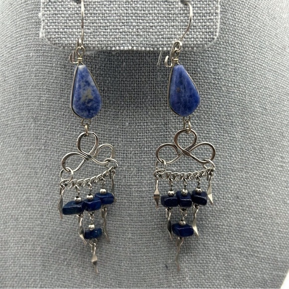 Boho Genuine Blue Stone Long Dangle Tassel Earrings Silver Tone Layered Knotted - Picture 1 of 9